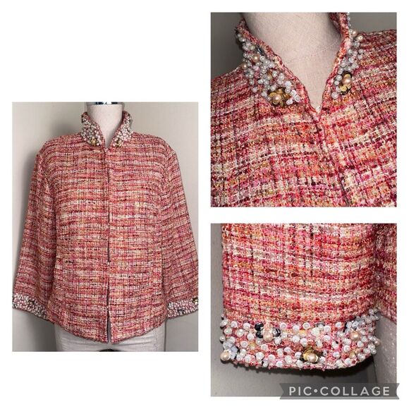 Chico's Orange Embellished Collar AND Cuffs Tweed Jacket Women's Size 1 EUC - Picture 1 of 11